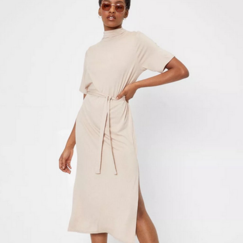 Tan Belted Short Sleeve Jersey Midi Dress